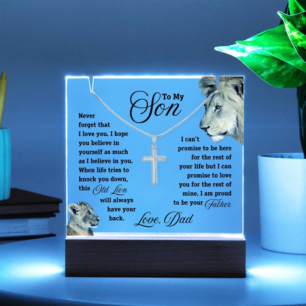 To my Son, I'll Always Have Your Back - Keepsake Acrylic &  Cross Necklace - Black text