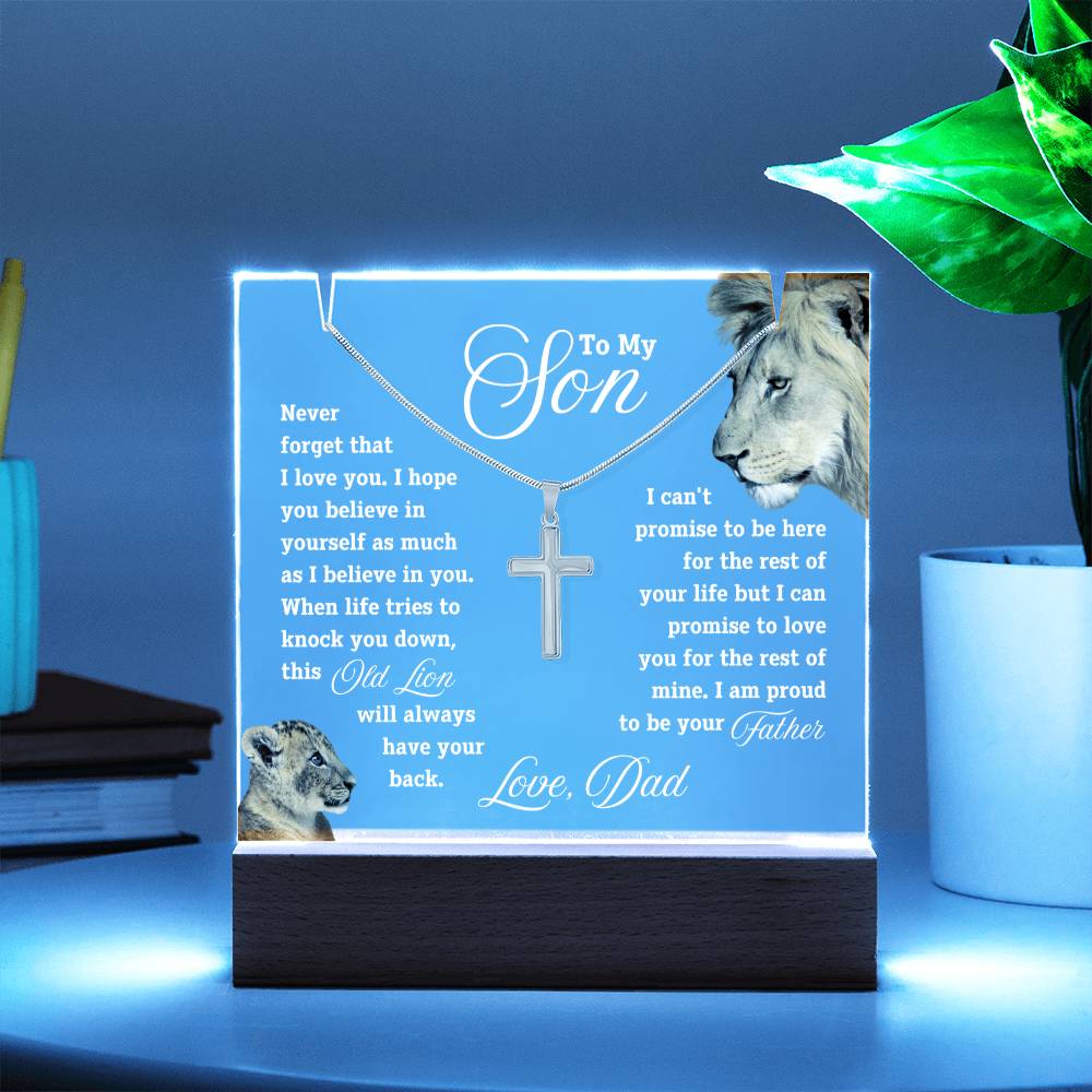 To my Son, I'll Always Have Your Back - Keepsake Acrylic & Cross Necklace -  White text