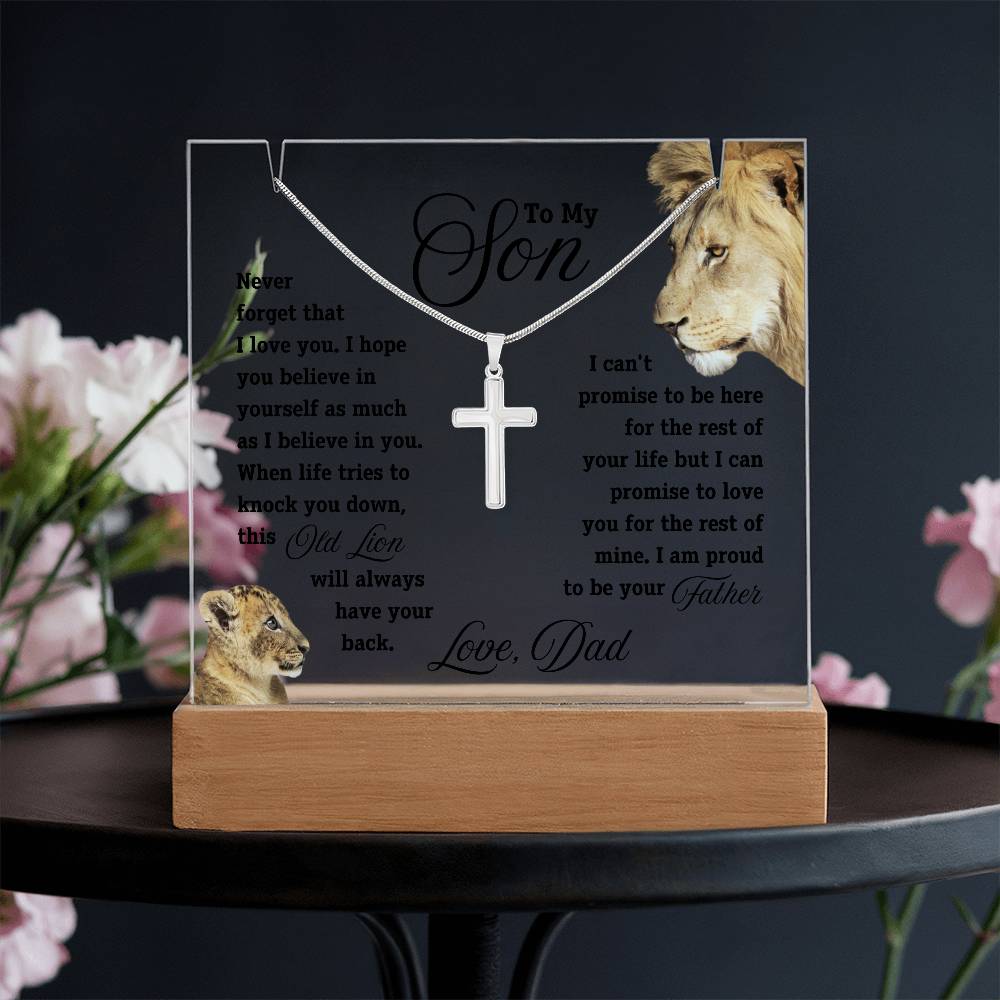 To my Son, I'll Always Have Your Back - Keepsake Acrylic &  Cross Necklace - Black text