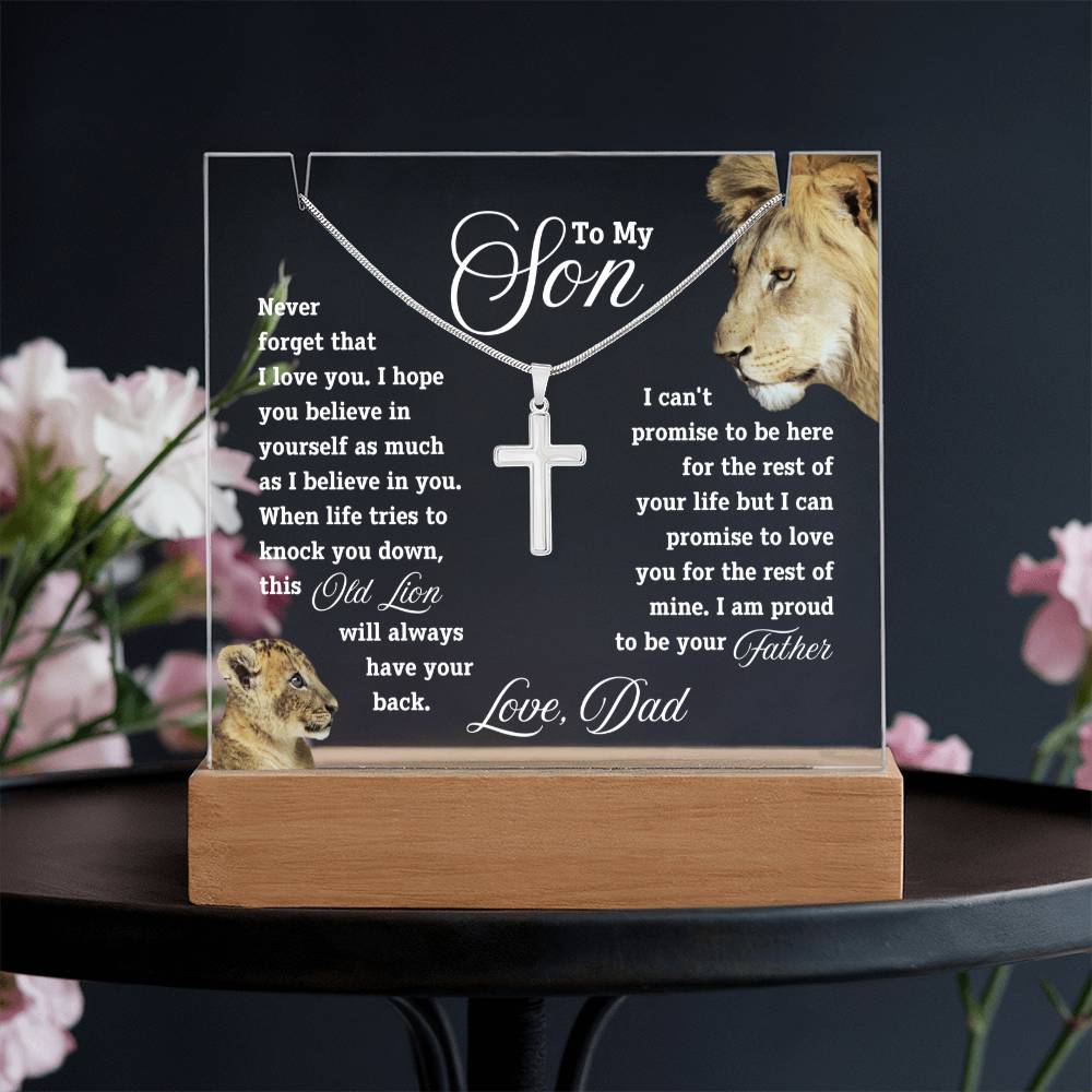 To my Son, I'll Always Have Your Back - Keepsake Acrylic & Cross Necklace -  White text