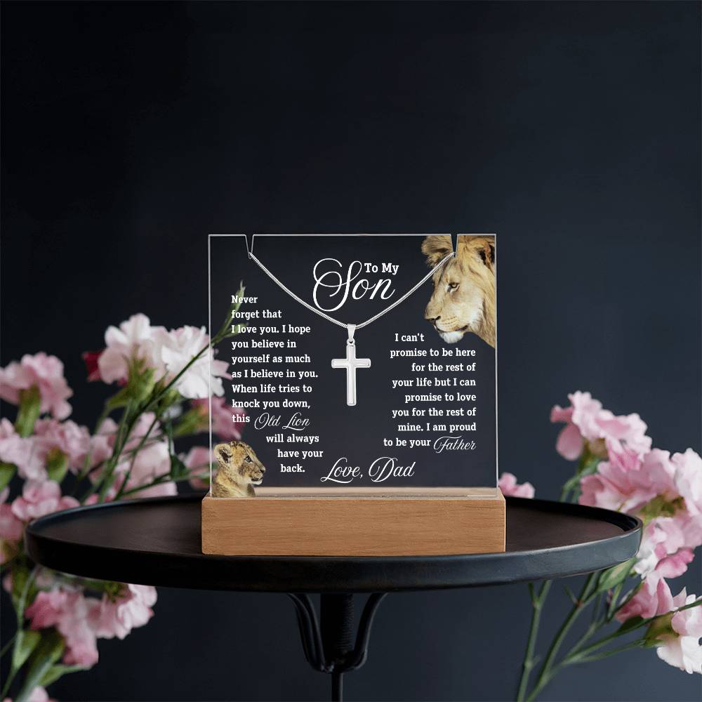 To my Son, I'll Always Have Your Back - Keepsake Acrylic & Cross Necklace -  White text